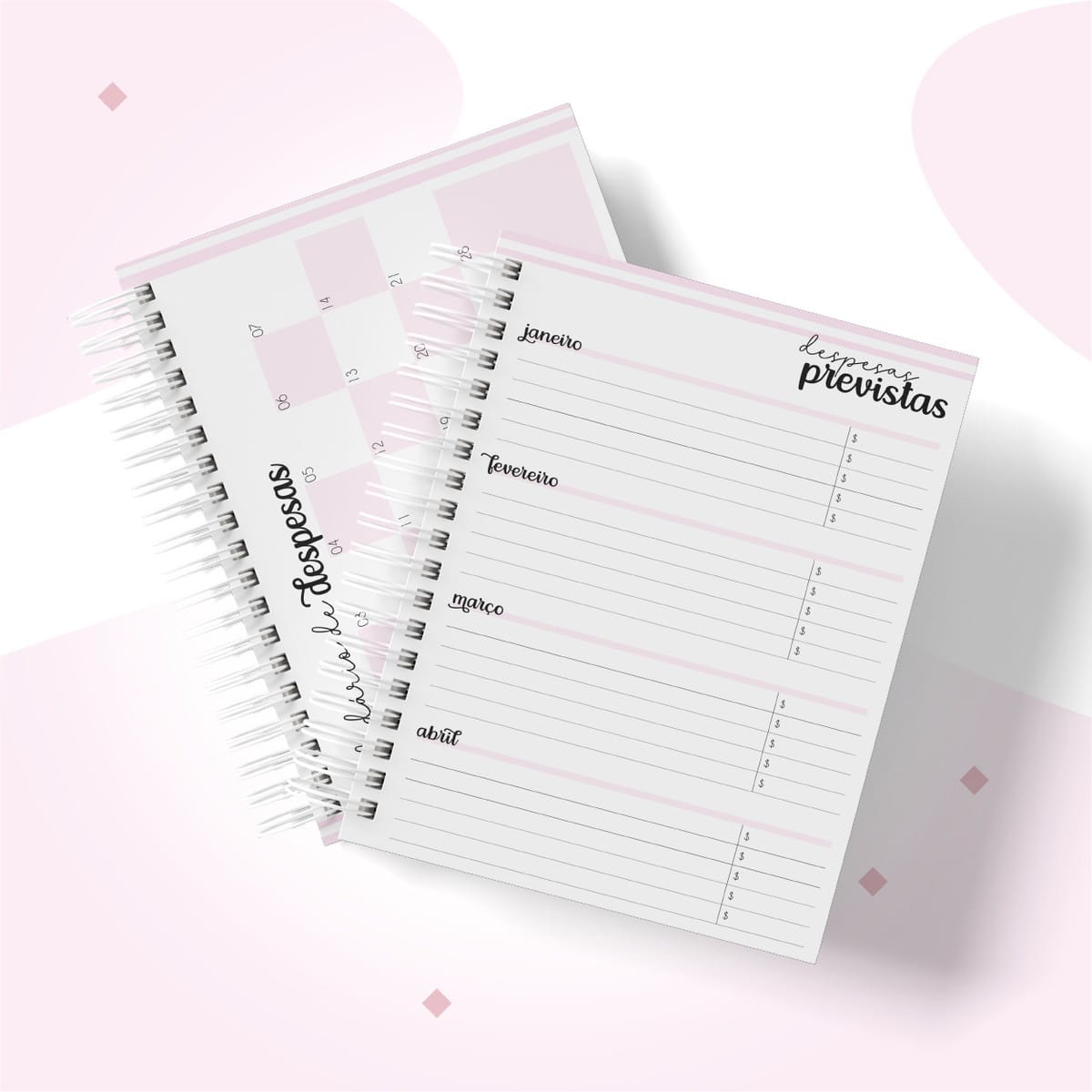 Planner Financeiro Feminino Digital para Empreendedoras 4 Duas agendas digitais abertas, rosa e branca, para controle de despesas.