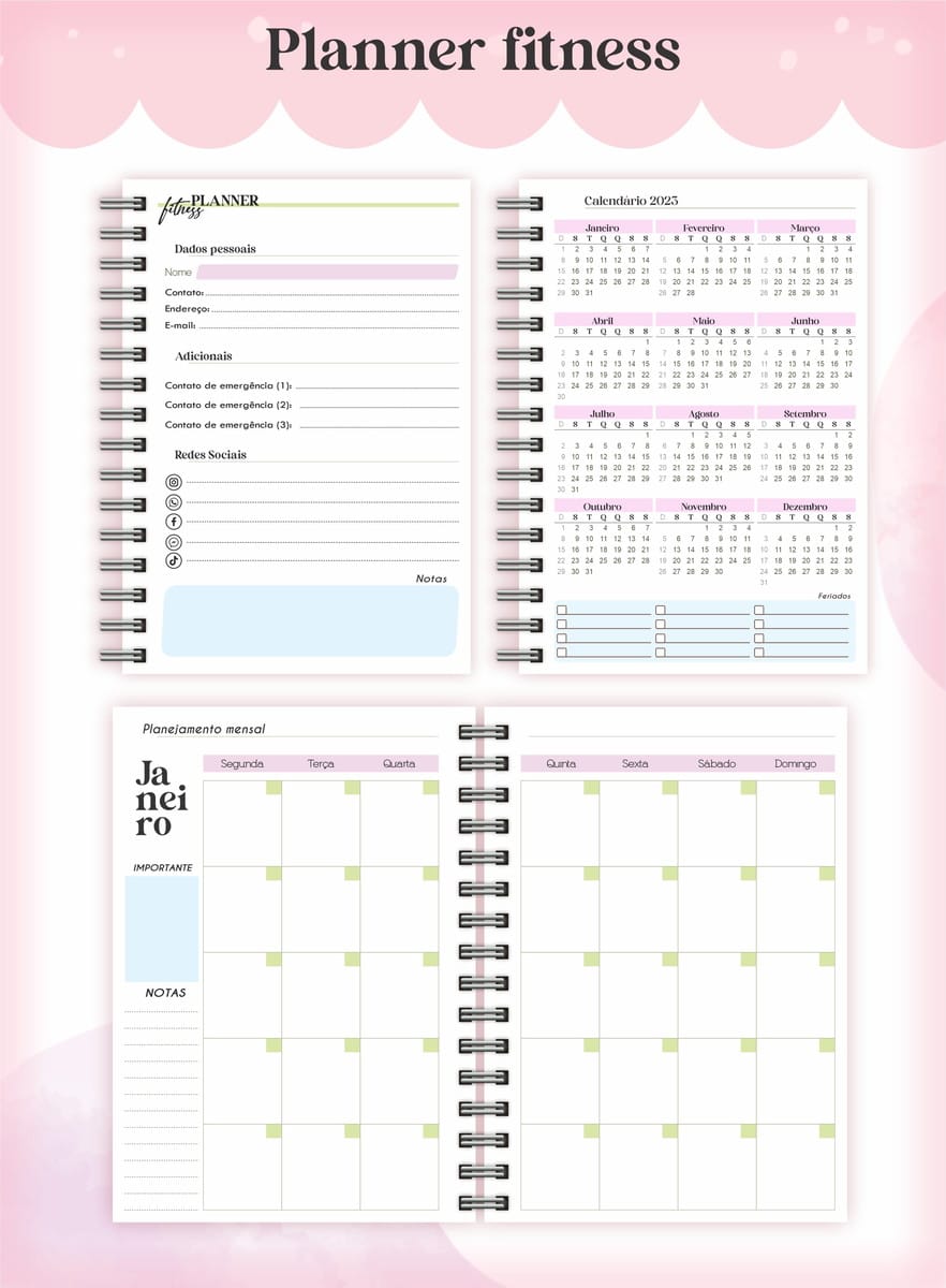 Planner Fitness Feminino Digital 2023 para Imprimir 2 Agenda digital para exercícios com páginas de dados pessoais, calendário e planejamento mensal colorido.