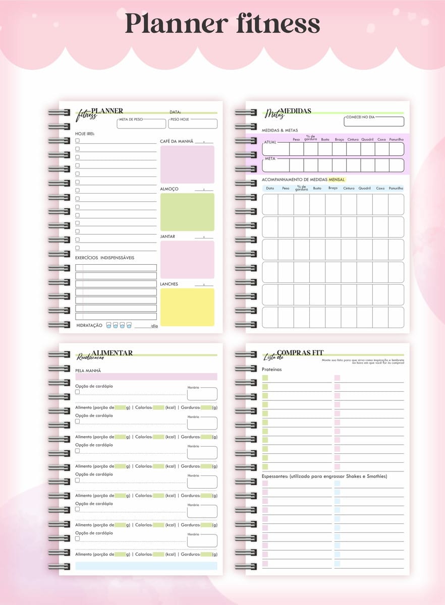 Planner Fitness Feminino Digital 2023 para Imprimir 3 Quatro páginas de um planejador digital organizadas para controle de metas e dieta fitness.