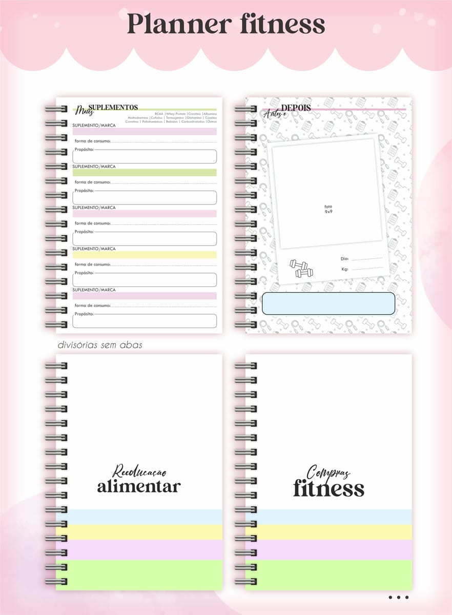 Planner Fitness Feminino Digital 2023 para Imprimir 4 Páginas de planner fitness digital com campos para suplementos, fotos e controle alimentar
