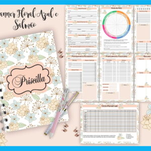 Planner Floral Azul e Salmão Digital para Personalizar 5 planner floral azul e salmao arquivo digital