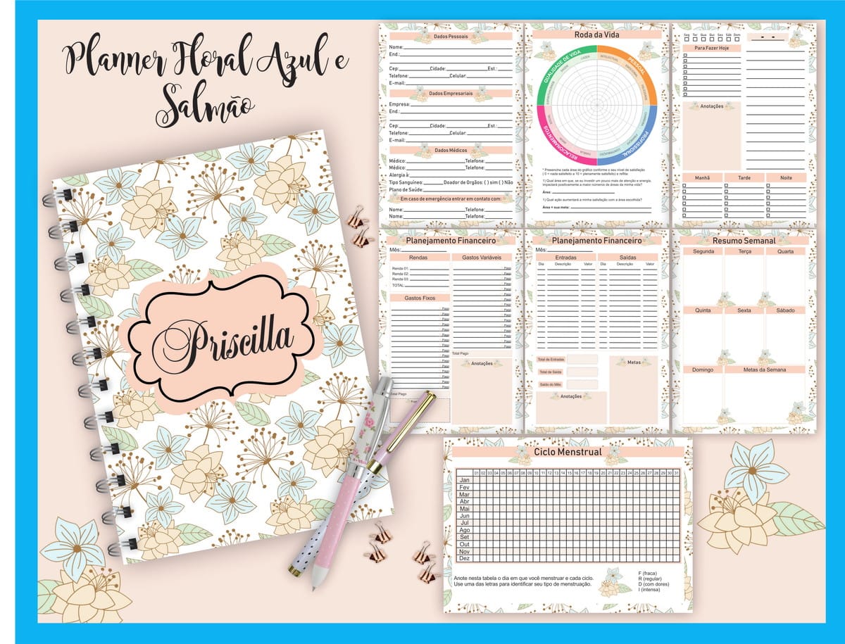 Planner Floral Azul e Salmão Digital para Personalizar 1 Planner Floral Azul e Salmão Digital para Personalizar