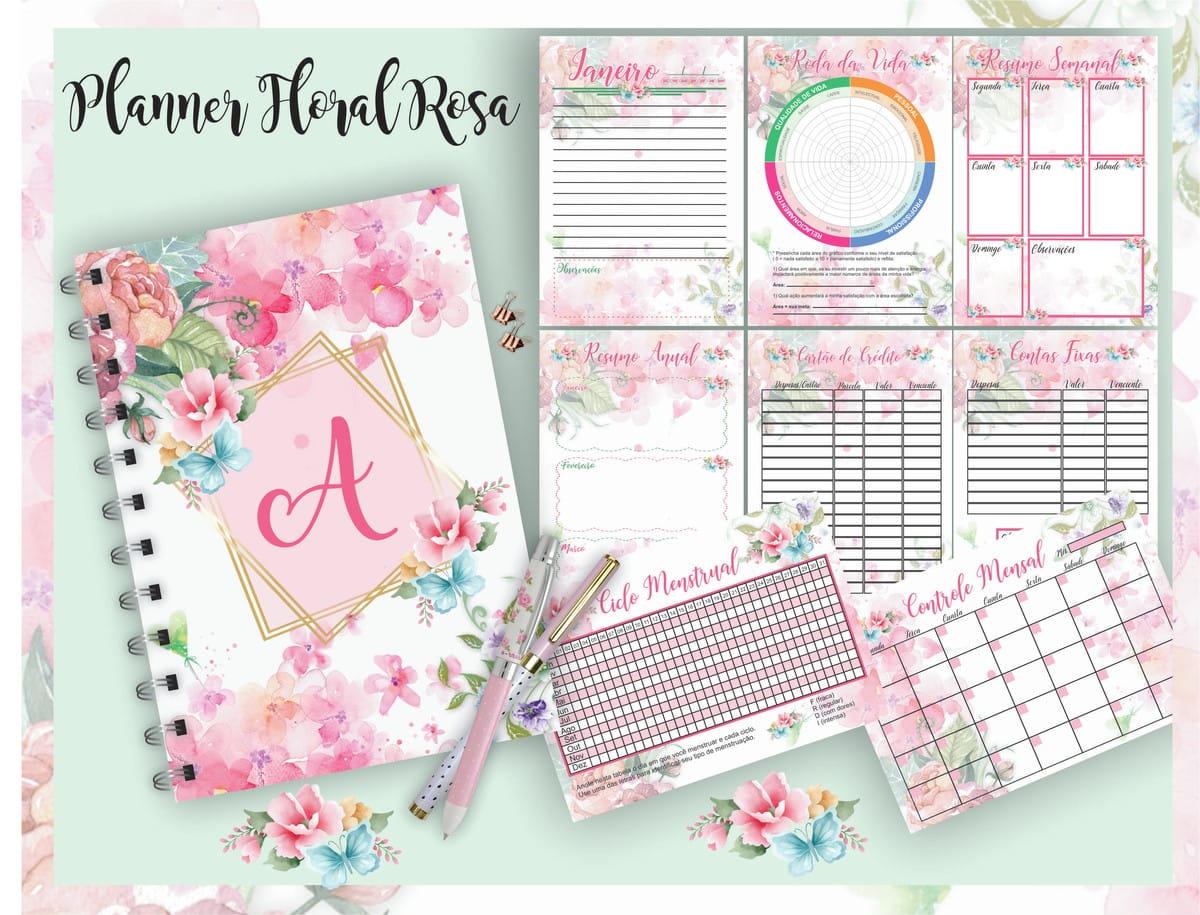 Planner Floral Rosa Digital para Imprimir e Personalizar 1 Planner Floral Rosa Digital para Imprimir e Personalizar