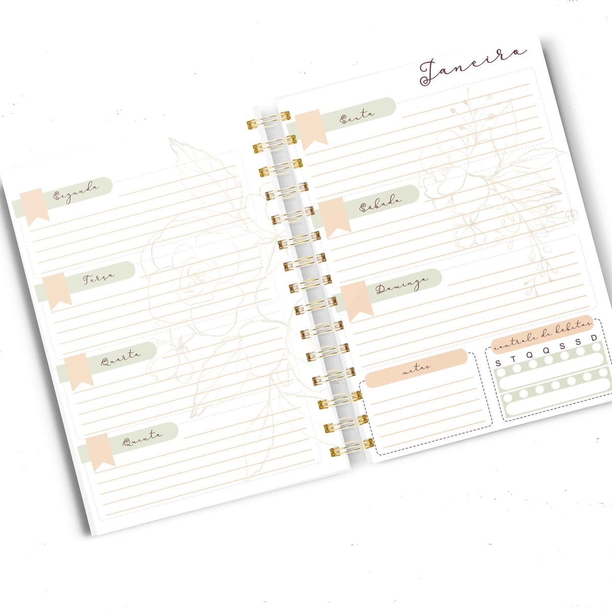 Planner Marsala com Monograma Arquivo Digital para Imprimir 2 Agenda digital aberta com layout semanal, controle de hábitos e design floral.