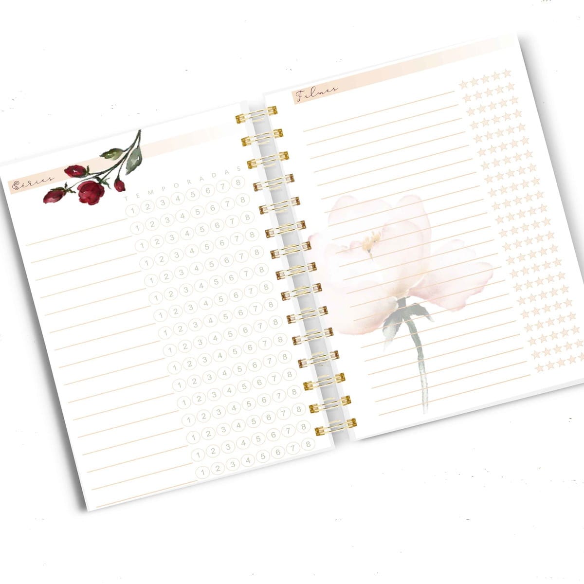 Planner Marsala com Monograma Arquivo Digital para Imprimir 3 Caderno digital aberto com seções para séries e filmes, design floral.