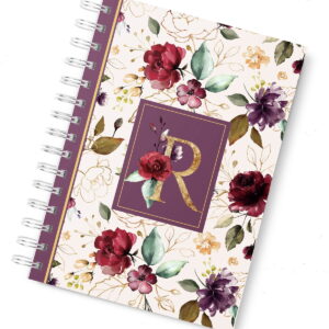 Planner Marsala com Monograma Arquivo Digital para Imprimir 6 Capa de caderno com estampa floral em tons de vinho e roxo, letra R dourada.