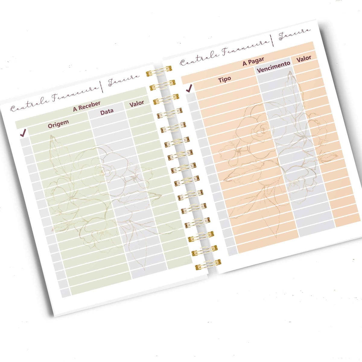 Planner Marsala com Monograma Arquivo Digital para Imprimir 4 Planner financeiro digital aberto com tabelas para controle de receitas e despesas.