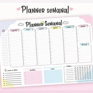 Planejador semanal digital com divisões para dias, hábitos, checklist e notas organizacionais.