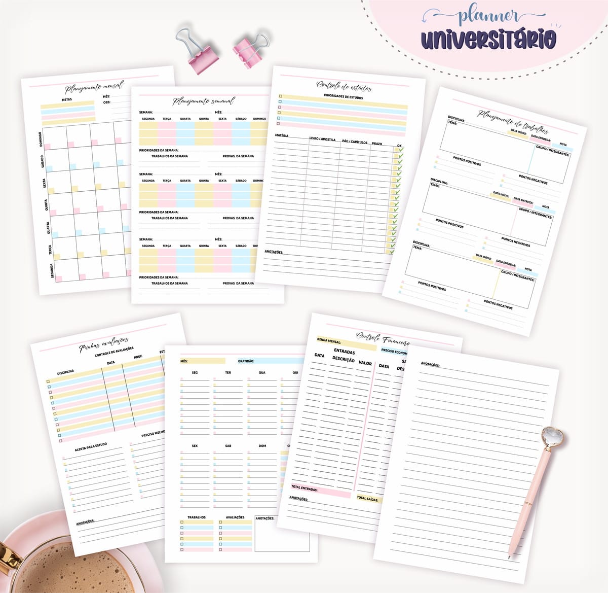 Planner Universitário Digital para Imprimir e Personalizar 2 Folhas de planner colorido com tabelas e pautas espalhadas.