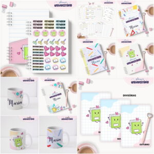 Apresentação em grade mostrando planners universitários com capas coloridas e adesivos.