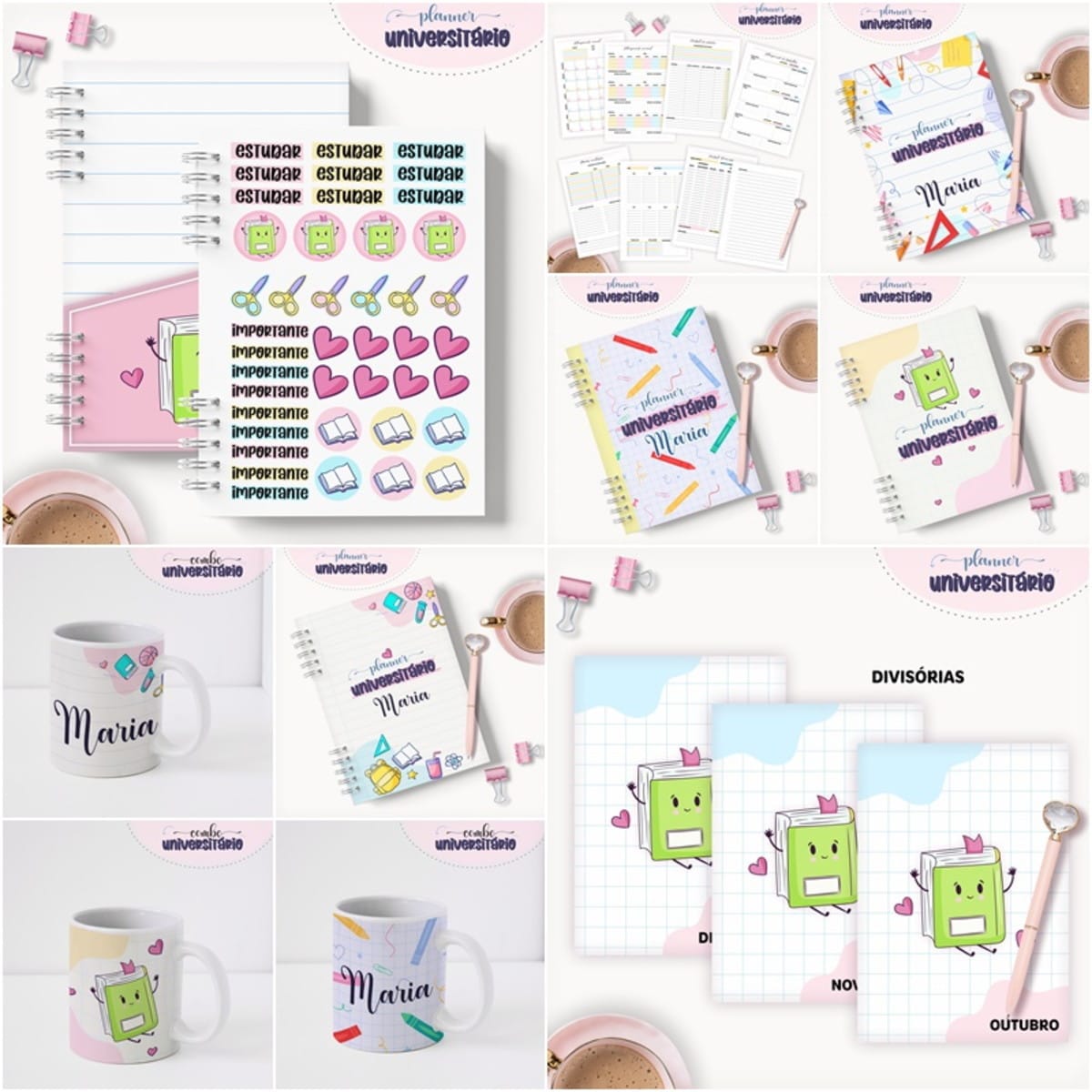 Planner Universitário Digital para Imprimir e Personalizar 1 Apresentação em grade mostrando planners universitários com capas coloridas e adesivos.