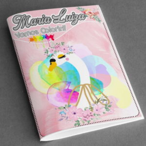 Arte digital de capa de colorir com cisne, flores e fundo rosa.