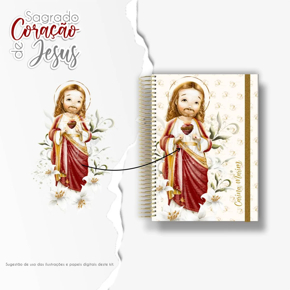 Ilustração digital de figura religiosa e caderno personalizado com a mesma arte aplicada