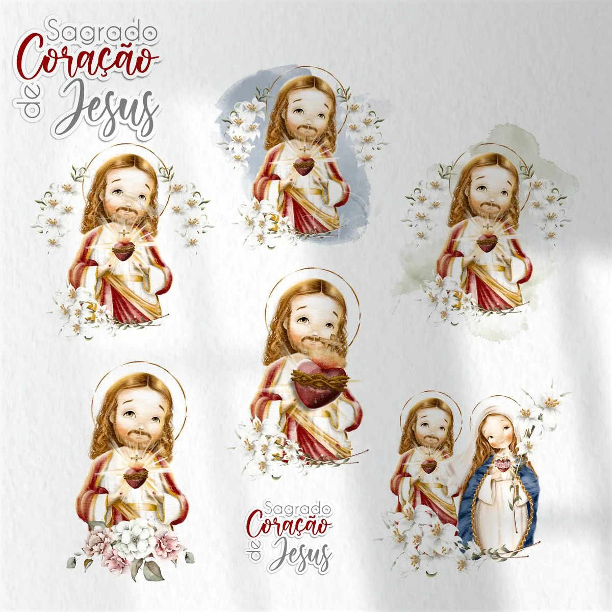 Ilustrações infantis do sagrado coração cercadas por flores em estilo aquarela digital.