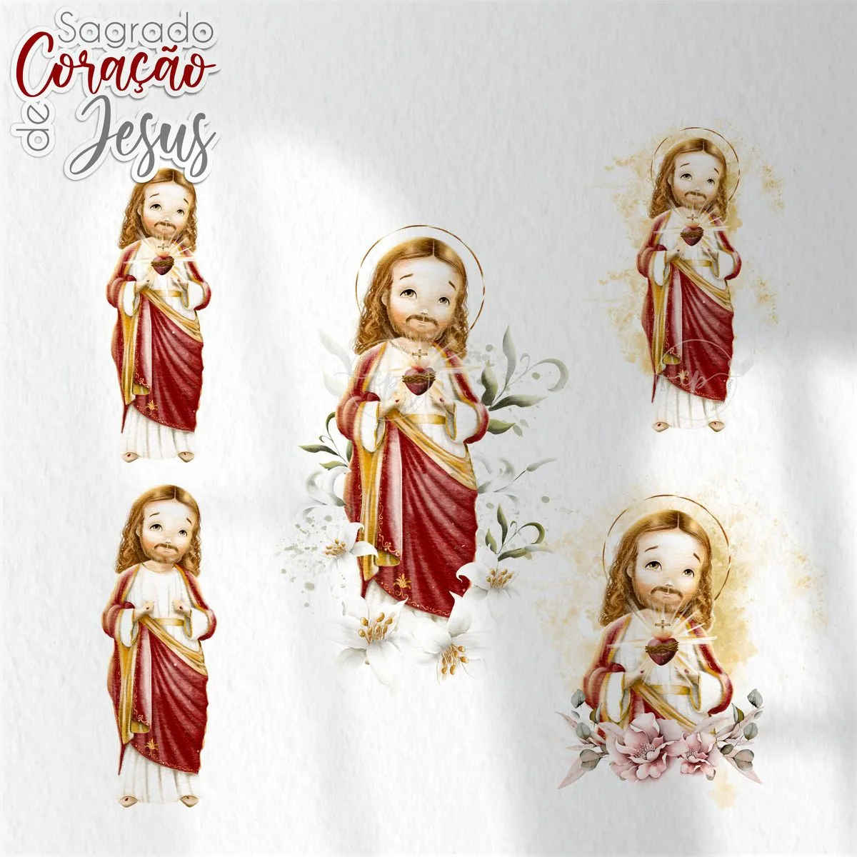 Ilustrações infantis digitais mostrando figuras religiosas com mantos vermelhos e corações brilhantes expostos.