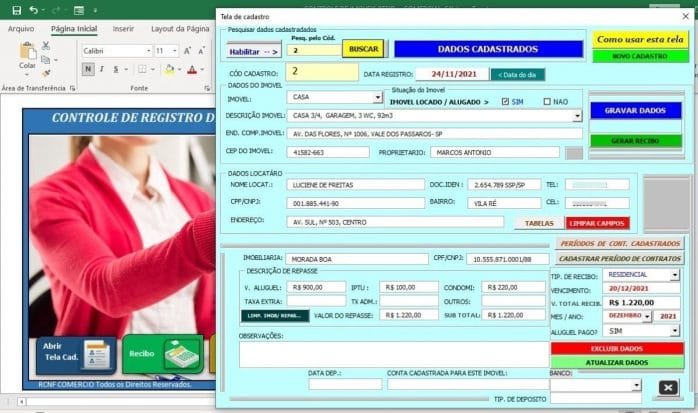 Sistema Feito Em Excel Controle De Imoveis E Recibos Aluguel