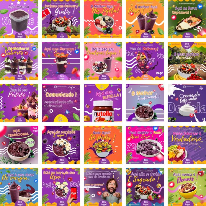 Templates Canva Açaí 200 Artes Editáveis + Bônus