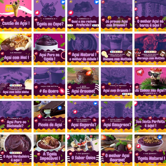 Templates Canva Açaí 3.0 50 Artes Editáveis + Bônus