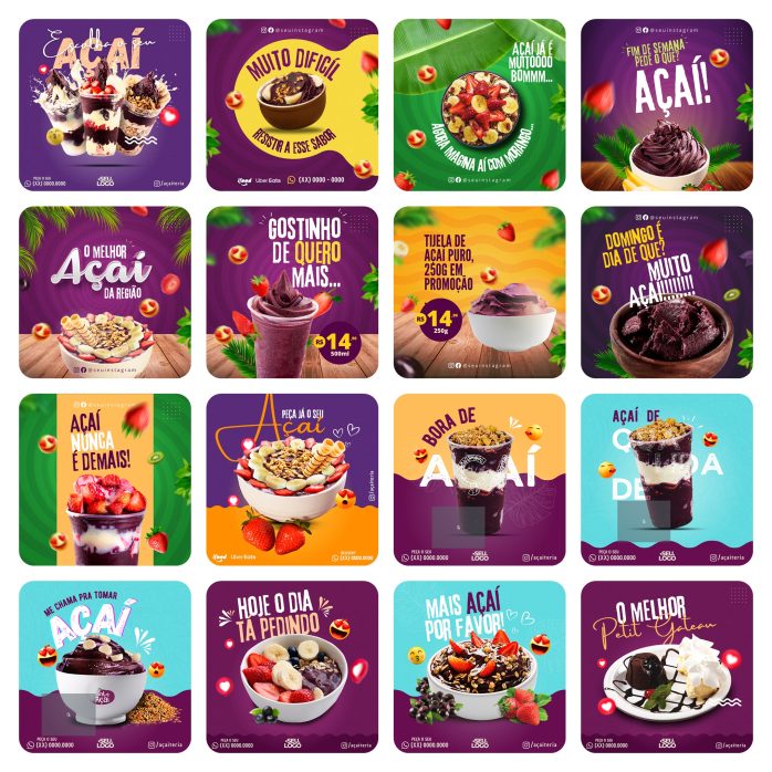 Templates Canva Açaí 65 Artes Editáveis + Bônus