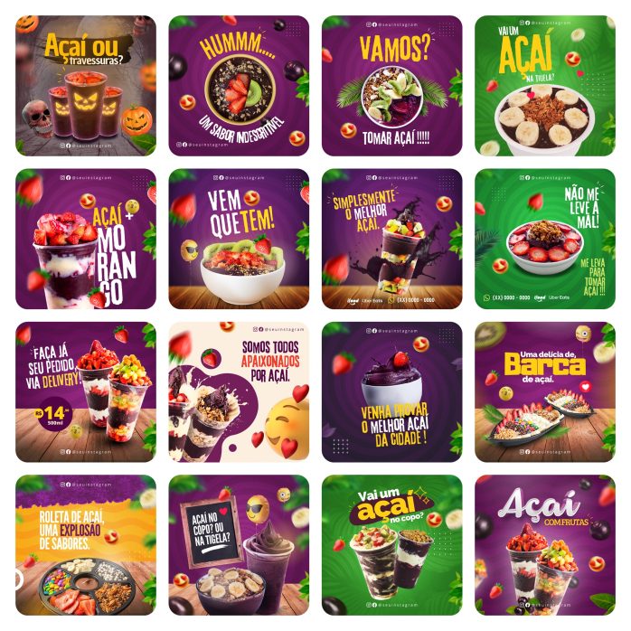 Templates Canva Açaí 65 Artes Editáveis + Bônus