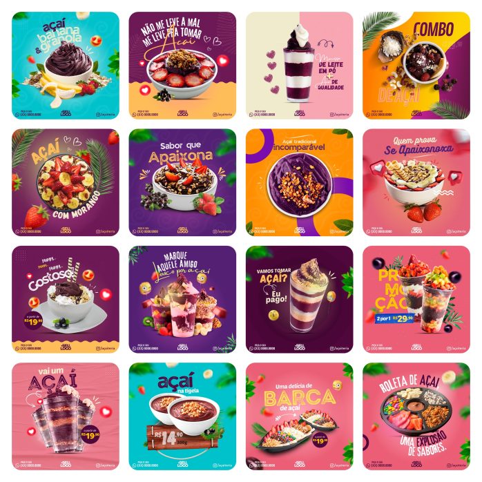Templates Canva Açaí 65 Artes Editáveis + Bônus