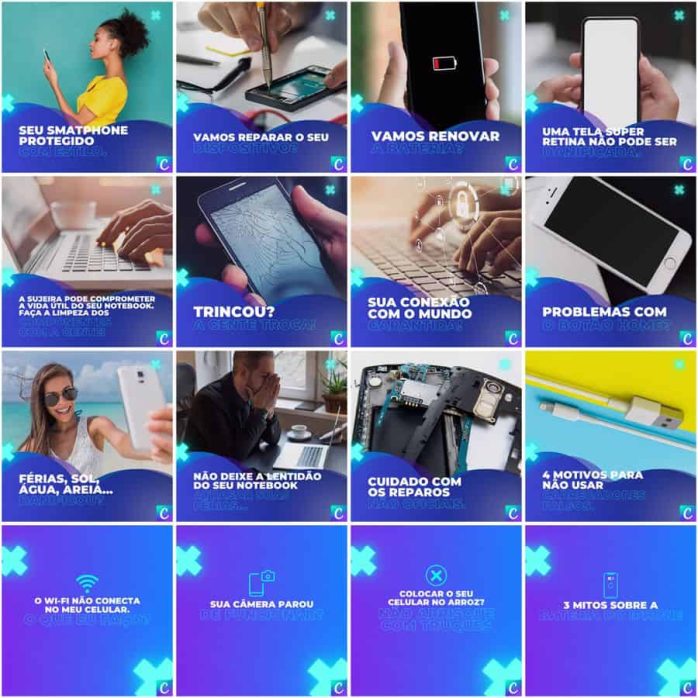 Templates Canva Assistência Técnica Celular 200 Artes Editáveis + Legendas
