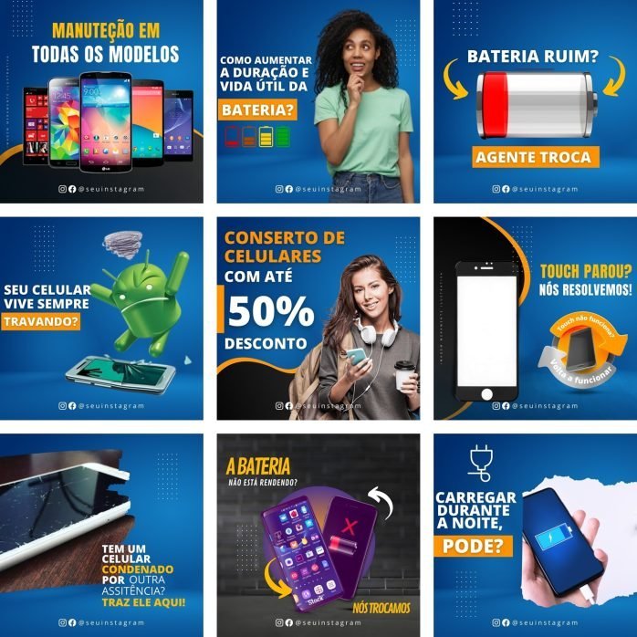 Templates Canva Assistências Técnicas de Celular 25 Artes Editáveis + Bônus