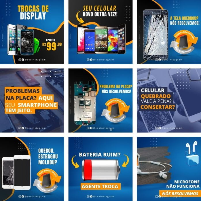 Templates Canva Assistências Técnicas de Celular 25 Artes Editáveis + Bônus