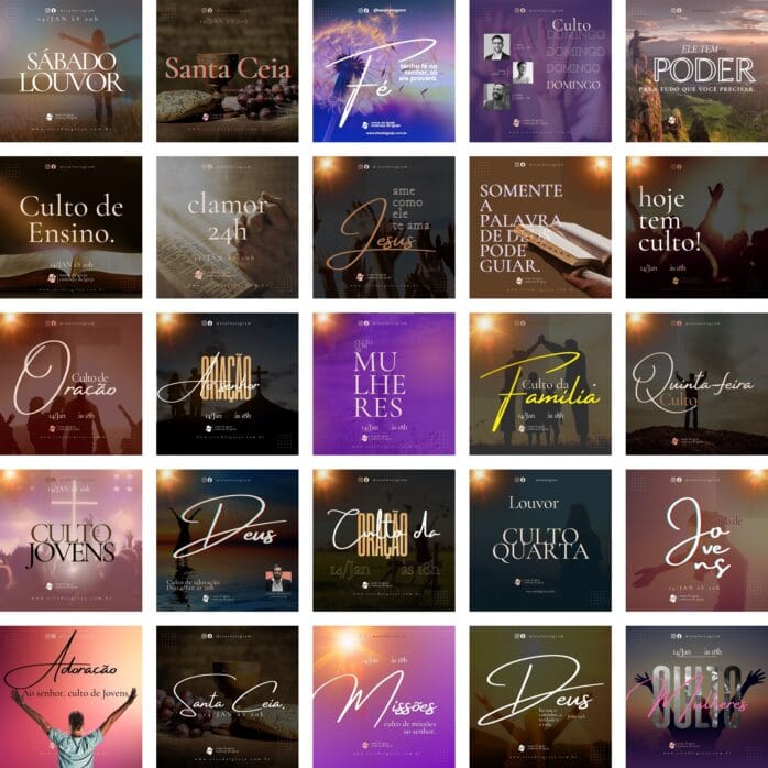 Templates Canva Gospel Culto 50 Artes Editáveis + Bônus
