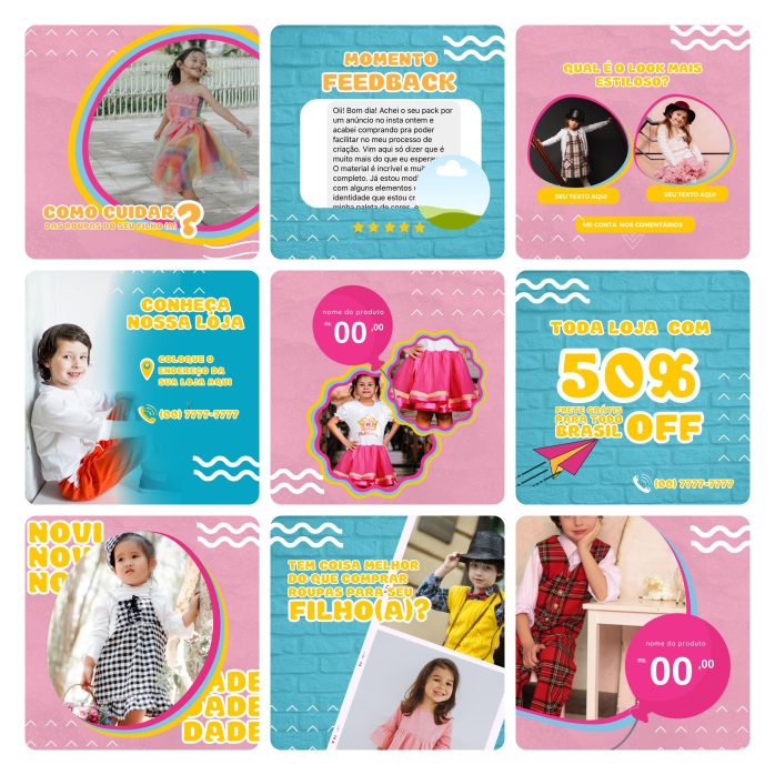 Templates Canva Loja de Roupa Infantil Kids 30 Artes Editáveis + Bônus