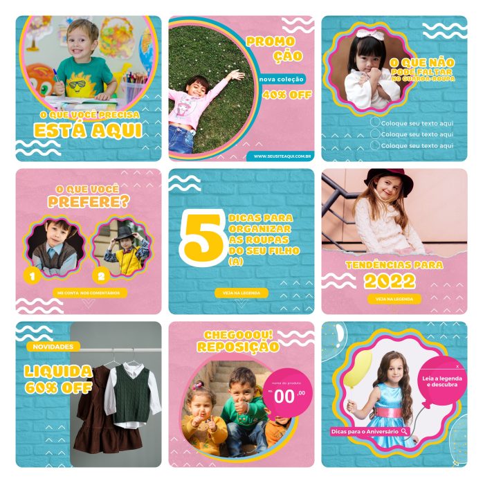 Templates Canva Loja de Roupa Infantil Kids 30 Artes Editáveis + Bônus