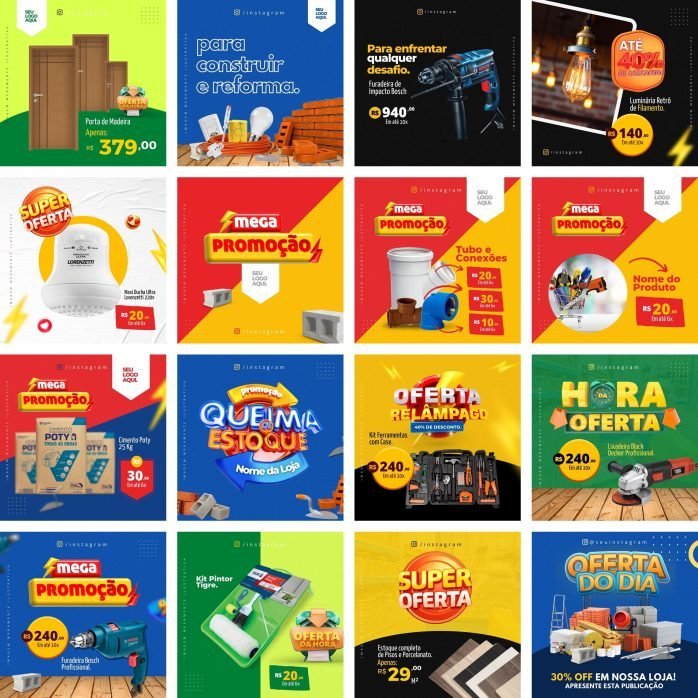 Templates Canva Materiais de Construção 90 Artes Editáveis + Bônus