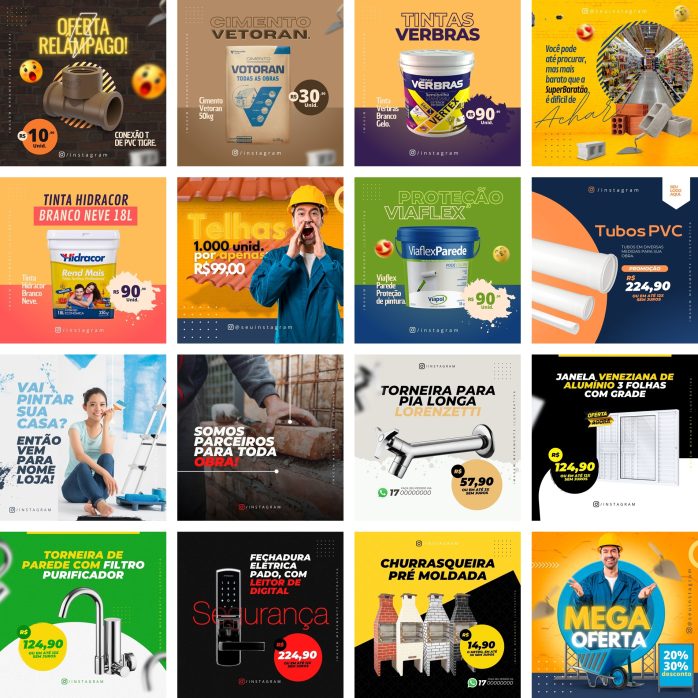 Templates Canva Materiais de Construção 90 Artes Editáveis + Bônus