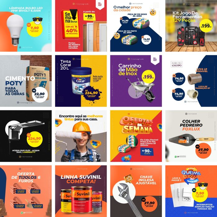 Templates Canva Materiais de Construção 90 Artes Editáveis + Bônus