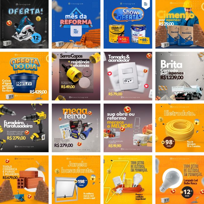 Templates Canva Materiais de Construção 90 Artes Editáveis + Bônus