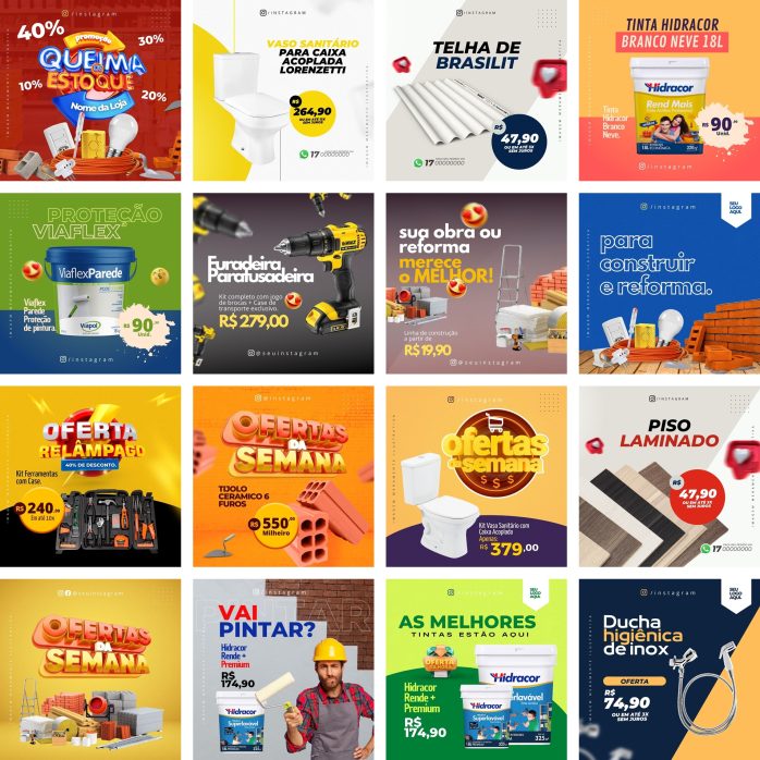 Templates Canva Materiais de Construção 90 Artes Editáveis + Bônus