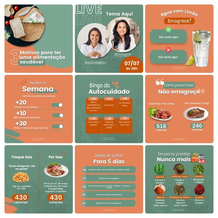 Templates Canva Nutricionista 100 Artes Editáveis + Bônus
