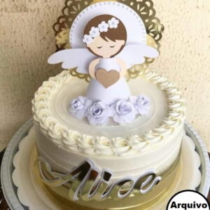 Topo de bolo em papel com desenho de anjo para decoração de festas infantis.