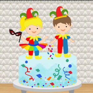 Topo de bolo com duas crianças fantasiadas de bobo da corte e confetes coloridos.