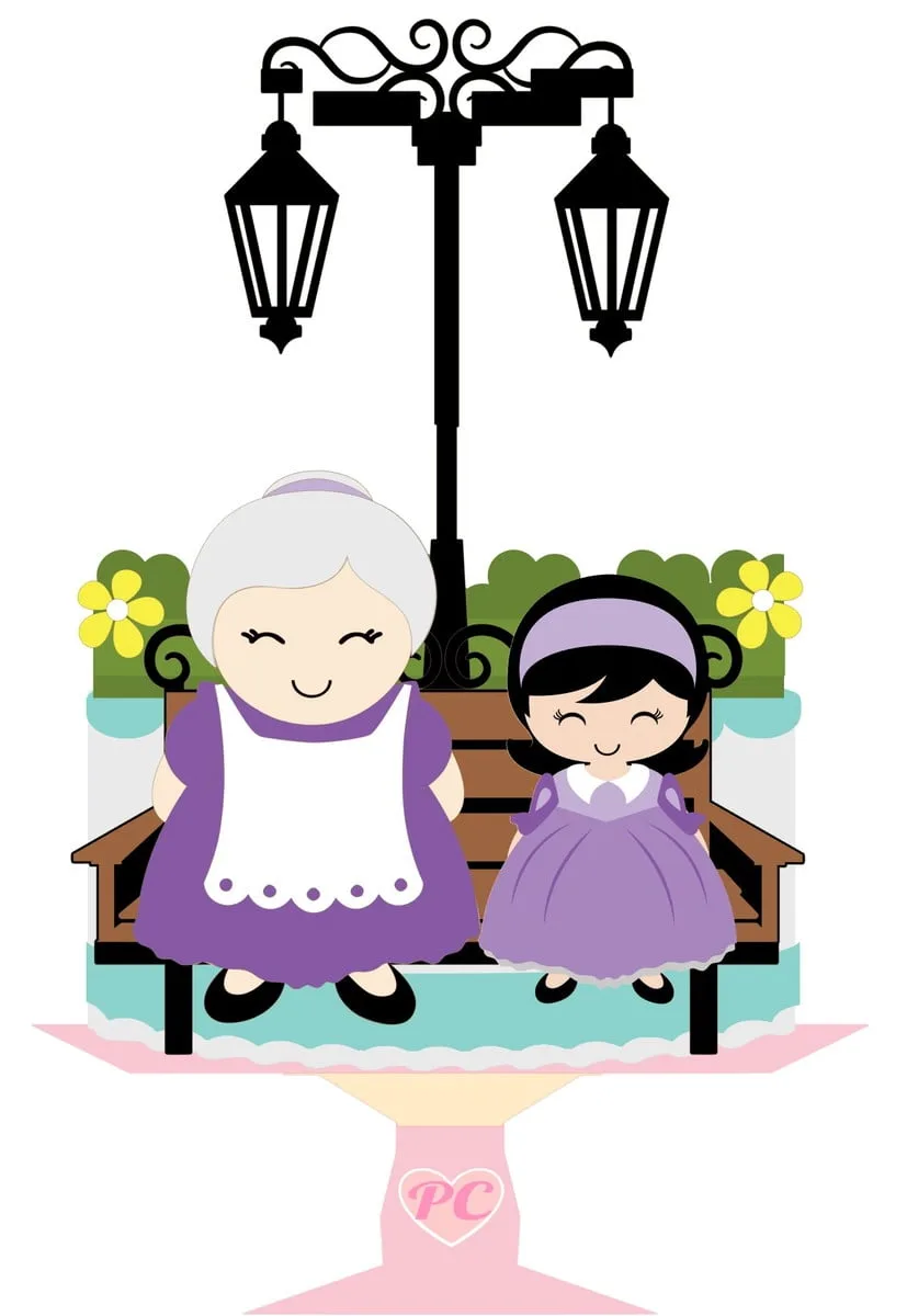 Topo de Bolo Dia dos Avós - Modelo 1 1 Ilustração vetorial de uma senhora e uma criança sentadas em um banco de parque.
