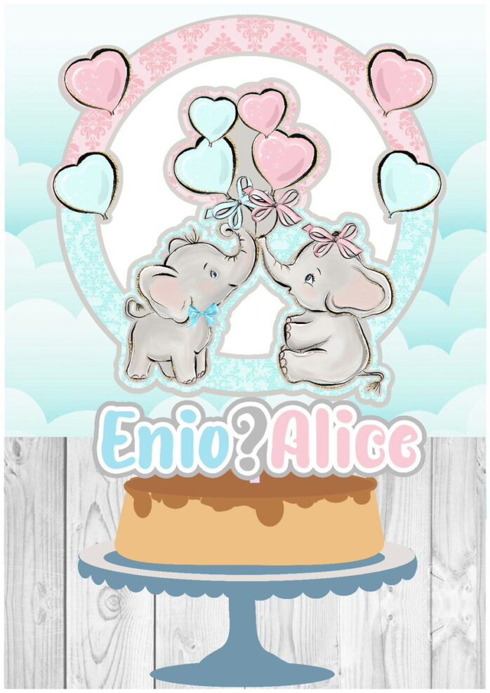Topo de Bolo e Kit Festa Chá Revelação Elefantinho