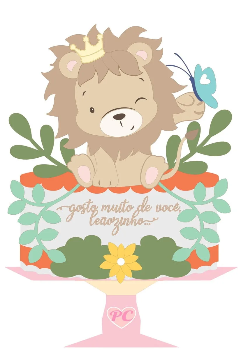 Ilustração digital de um leãozinho com coroa sobre bolo decorado com flores e folhas.