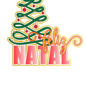 Arte digital com árvore de Natal estilizada e texto festivo em vermelho