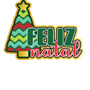 Arte digital com árvore de natal colorida e texto festivo em fundo branco.