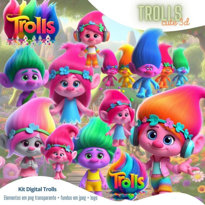Trolls Kit Digital de Ilustrações e Figuras PNGs Cute 3D