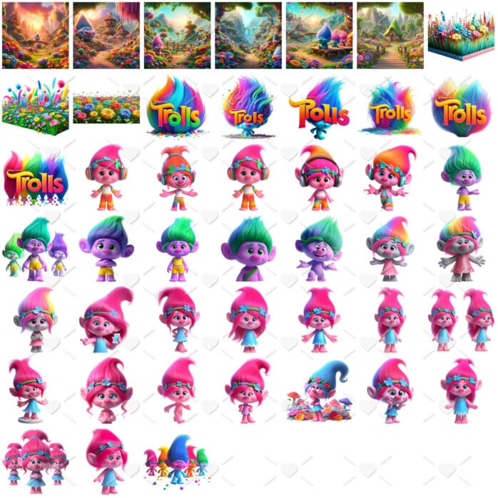 Trolls Kit Digital de Ilustrações e Figuras PNGs Cute 3D