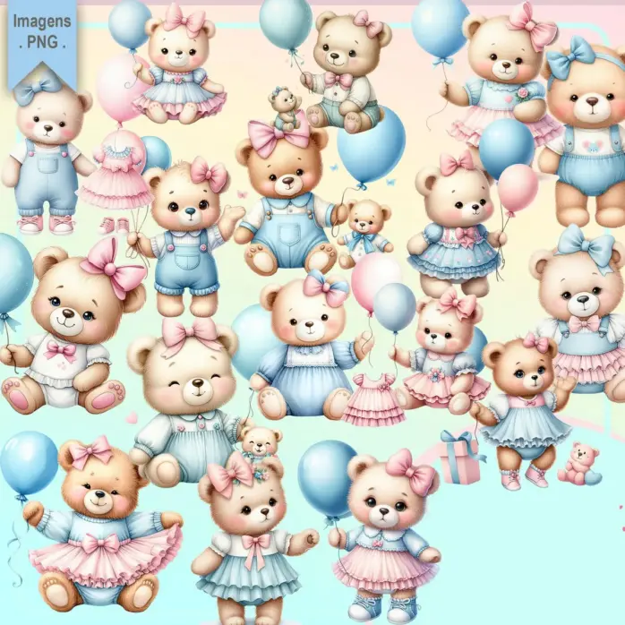 Ursinhas Azul E Rosa Kit Digital Png Scrapbooking